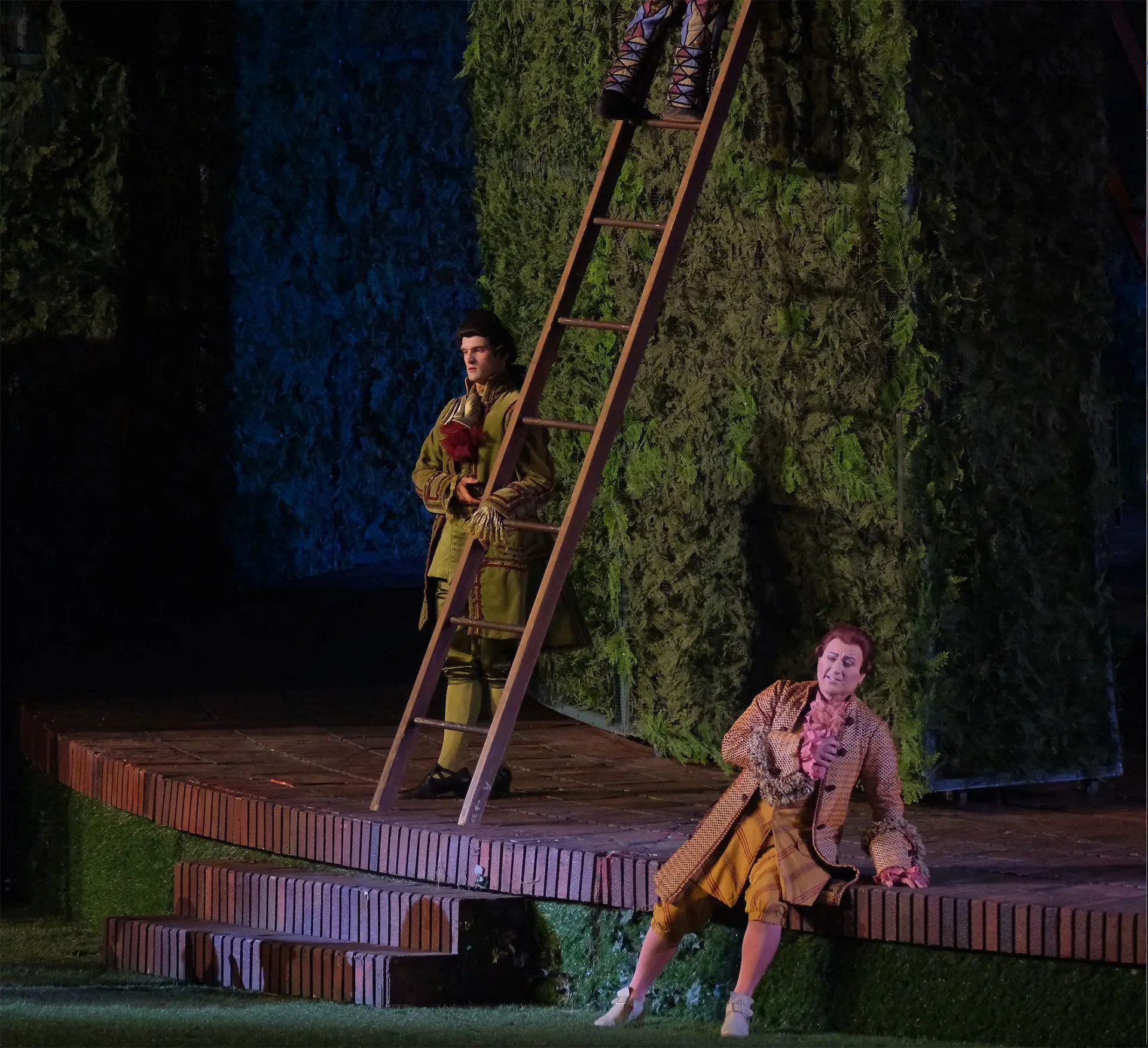 Count Almaviva is in front of the labyrinth, sitting upon a raised circular structure. His right arm is across his chest. To his right there is a wooden ladder leaning against a hedge held by a supernumerary. The man is dressed in a suit with a waistcoat, a coat and breeches made of dark green satin with burgundy decorations. He is wearing a dark chestnut brown wig with the hair pulled to the back. Count Almaviva is wearing a cotton suit that is yellow ocher in color with thin brown and dark red stripes. The waistcoat comes down below the waistline and is buttoned in front, while his breeches are knee length with red stockings beneath. Over his waistcoat, he is wearing a padded jacket made of heavy cotton, which is yellow ocher in color with dark red polka dots. The wrists of his shirt have pink ruffles and his shirt has a pink jabot ruffle around the neck. On his feet he is wearing squarish white shoes with a low heel that have a large gold buckle above the neck of the foot. He is wearing a chestnut colored wig with the hair pulled back and tied in a tail with a ribbon.